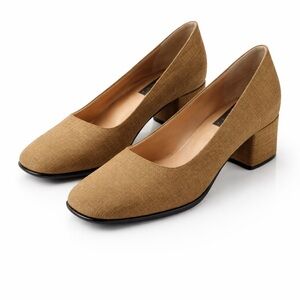 Paloma Italian Linen Classic Block Heel Pumps in Tan 8.5